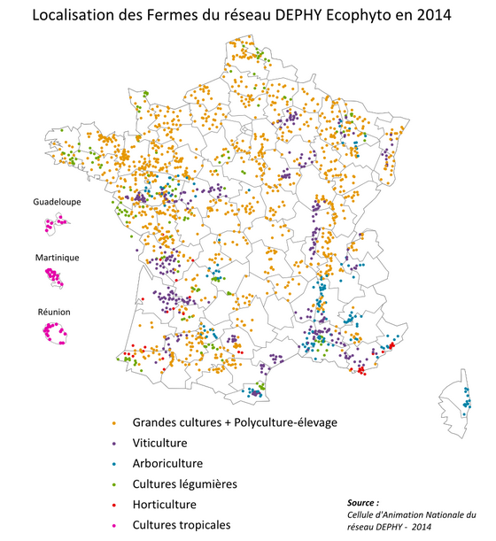 Carte des fermes du réseau DEPHY Ecophyto en 2014